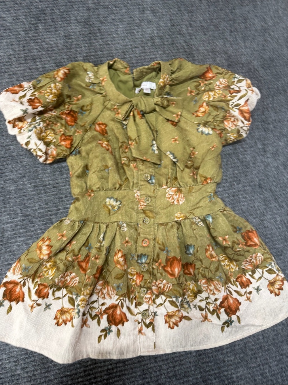 GB girls Olive Green Floral Bow-Front Dress with Cream Hem fall boho